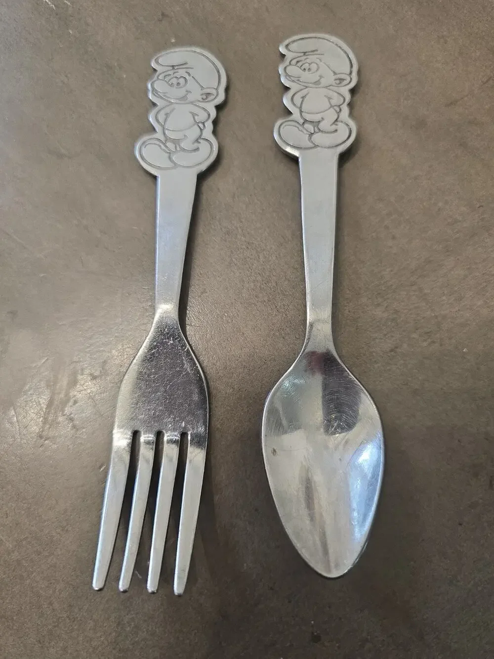Vintage 1980's SMURFS Stainless Steel Toddlers Fork & Spoon by Peyo Danara